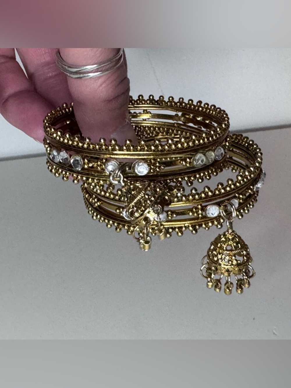 Gold Beaded Bangle Bracelet Set with Clear Crystal Accents